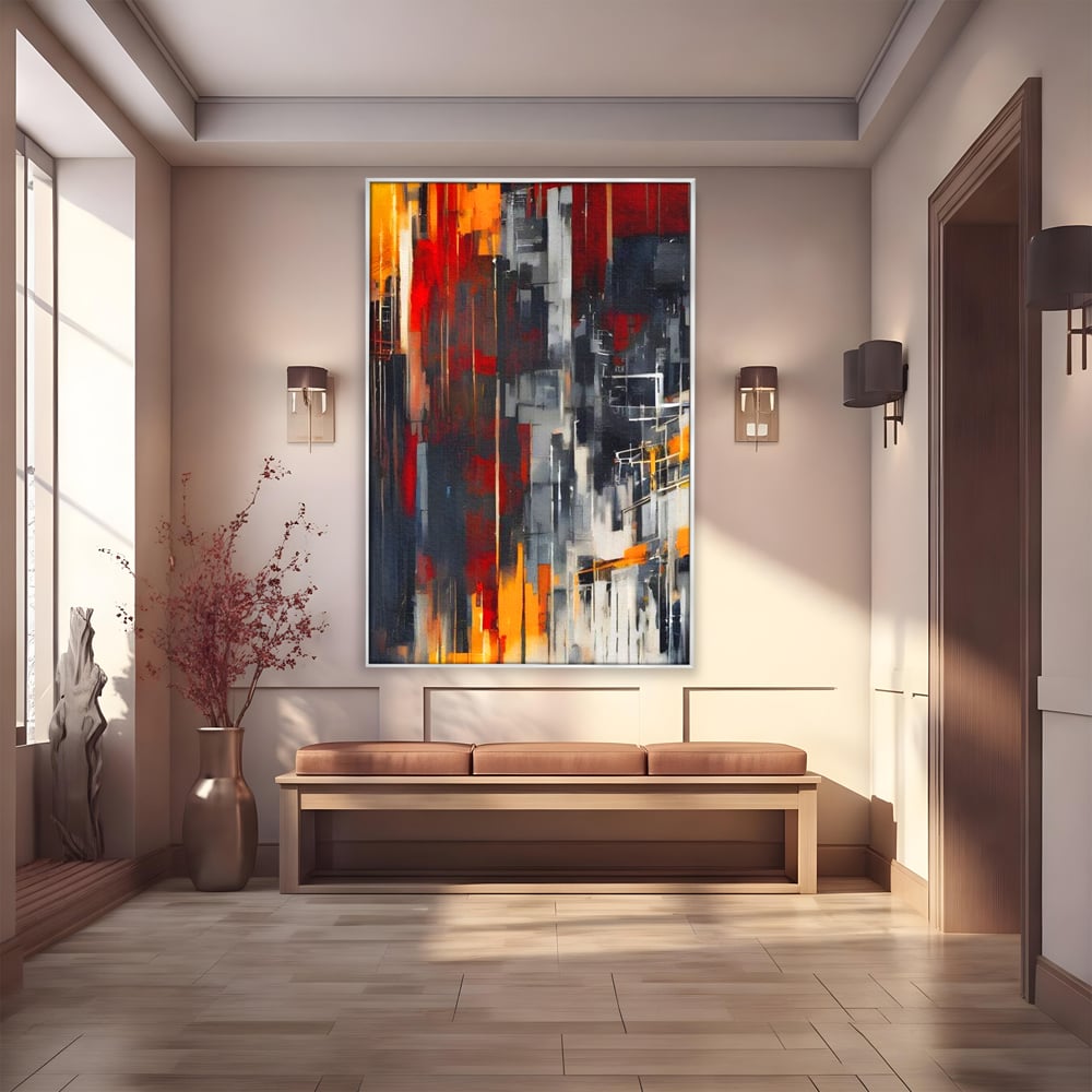 Tablou canvas cu pictura abstracta verticala cu linii urbane, in rama de aluminiu argintiu